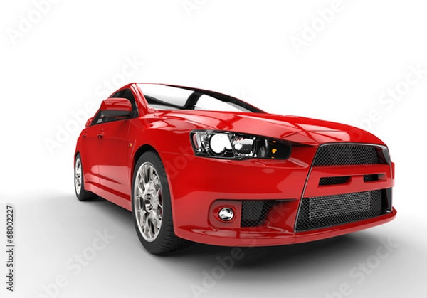 Obraz Red race car side view front close up