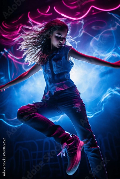 Fototapeta A beautiful young girl dances dynamically and passionately, illuminated by colorful neon lights. Let's go to a party!