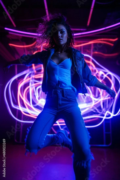 Fototapeta A beautiful young girl dances dynamically and passionately, illuminated by colorful neon lights. Let's go to a party!