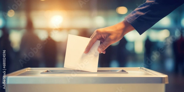 Fototapeta Close-up of ballot box, Man casting his vote at the election or polling