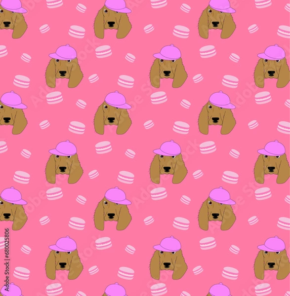 Fototapeta seamless pattern with spaniel dogs and macaroons on pink background, vector illustration, eps