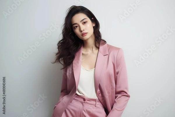 Obraz Portrait of a beautiful Japanese business woman posing in a pink suit. Generative AI.