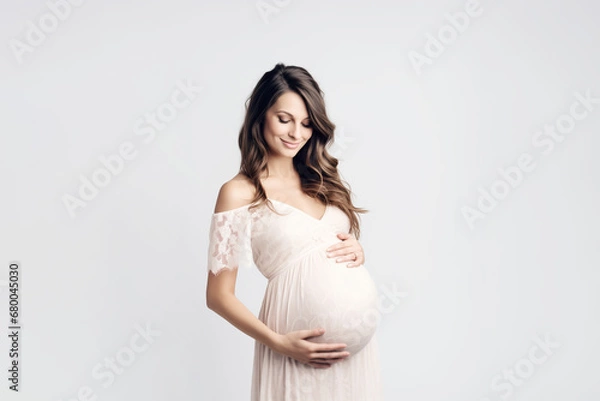 Fototapeta Pregnant young woman in dress holds hands on belly on a white background. Concept of pregnancy, maternity, preparation and expectation.