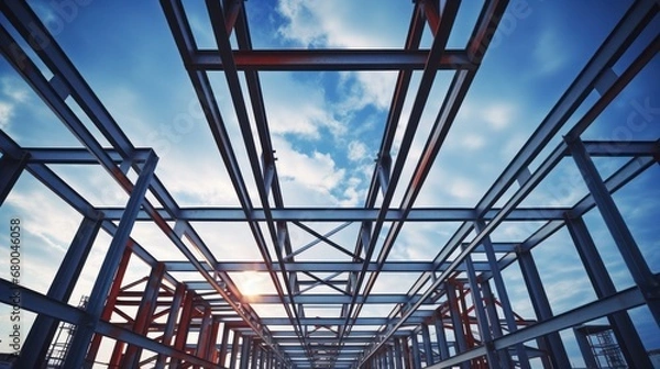Fototapeta Structure of steel for building construction on sky background
