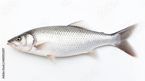 Fototapeta  Rohu fish with a red tail fin swimming in White background, generative ai