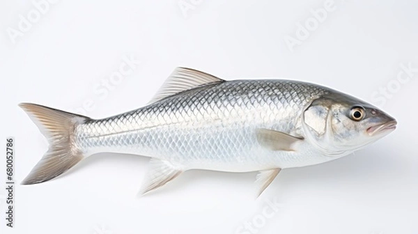 Fototapeta  Rohu fish with a red tail fin swimming in White background, generative ai