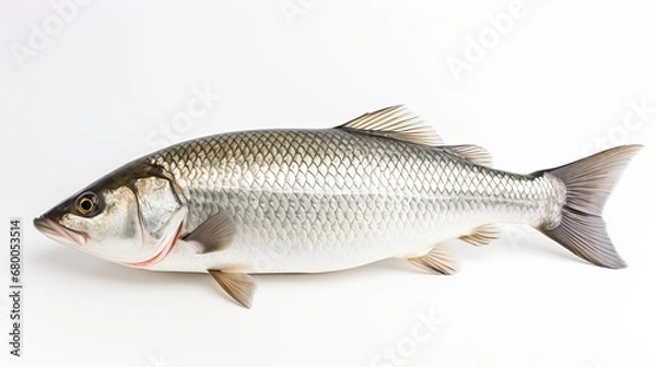 Fototapeta  Rohu fish with a red tail fin swimming in White background, generative ai