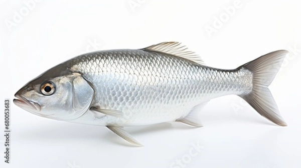 Fototapeta  Rohu fish with a red tail fin swimming in White background, generative ai