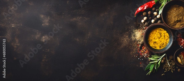 Obraz Olive oil, balsamic vinegar, mortar and pestle with various colorful spices on dark grunge background with space for text, top view. Cooking, healthy or vegetarian eating concept. Top view