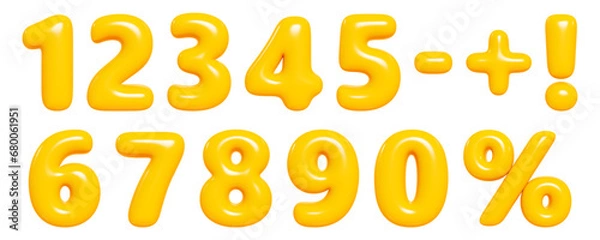 Obraz Number 3d set. Render illustration of cartoon yellow glossy inflatable balloon numbers and sign.