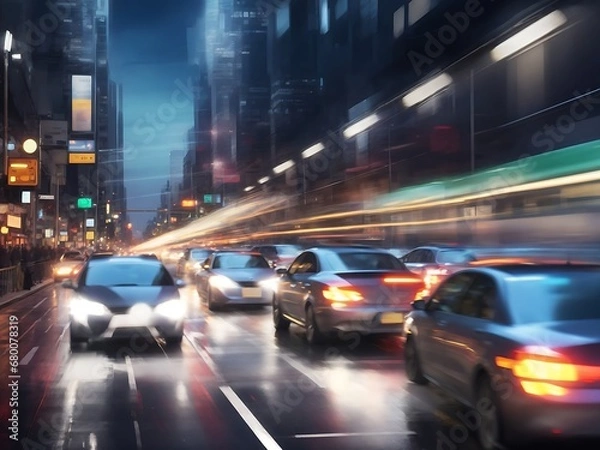 Fototapeta High speed luxury sedan driving in the city - futuristic car concept (with grunge overlay) generic and brand less - 3d illustration