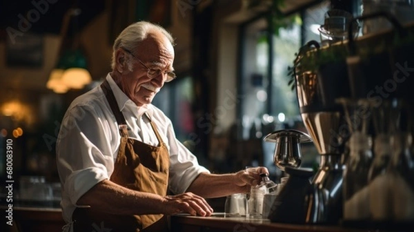 Obraz Portrait mature man barista business owner 50, 60, 70 years old in a cafe, works as a barista, makes coffee, cappuccino. Concept of retirees returning back to work, elderly employees, Unretirement