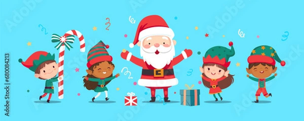 Fototapeta Illustration of Christmas elves and Santa Claus jump and dance joyfully. Set of little Santa's helpers with holiday gifts and decorations. Adorable cartoon characters. Flat vector illustration.