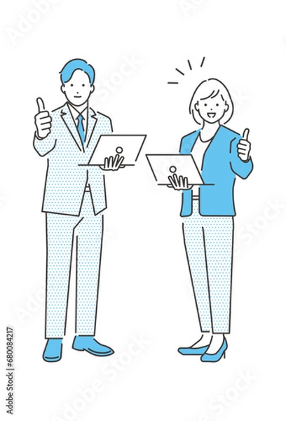 Fototapeta 親指を立てていいね！をするビジネスマンとビジネスウーマンの全身のベクターイラスト素材