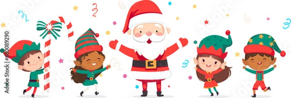 Fototapeta Illustration of Christmas elves and Santa Claus jump and dance joyfully. Set of little Santa's helpers with holiday gifts and decorations. Adorable cartoon characters. Flat vector illustration.
