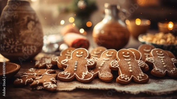 Fototapeta gingerbread men, cookies laid out on a holiday table with a jug of milk, banner