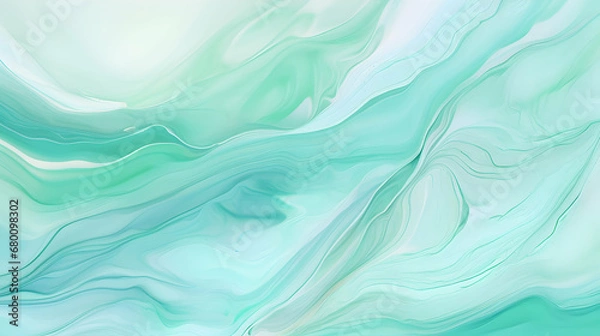 Fototapeta Pastel cyan mint liquid marble watercolor background, white lines and brush stains. Teal turquoise marble alcohol ink drawing effect, backdrop, watercolour wedding invitation template. Generative AI.