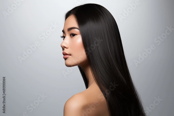 Fototapeta Profile portrait of beautiful brunette asian woman with long and shiny hair on the grey background