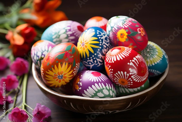 Fototapeta Colorful painted easter eggs in a wooden bowl on a dark wooden background