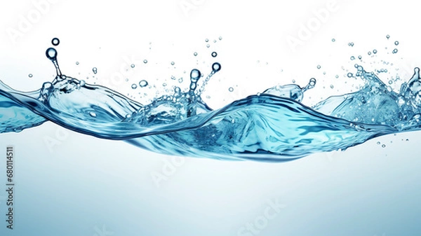 Obraz Blue water splash with droplets, splashing water with spray droplets, fresh drink transparent wave, wave with splashes of clean spring water