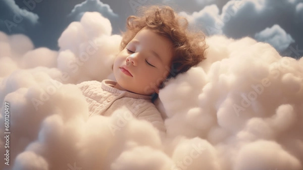 Fototapeta A little child sleeps on a soft, comfortable cloud. The comfort of a deep sleep
