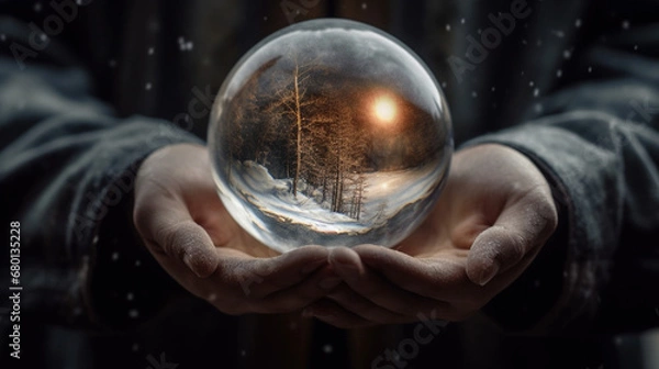 Fototapeta A hand gracefully holding a crystal ball, within which are swirling elements representing commitment, balance, participating, setting boundaries, and sustainability created with Generative Ai