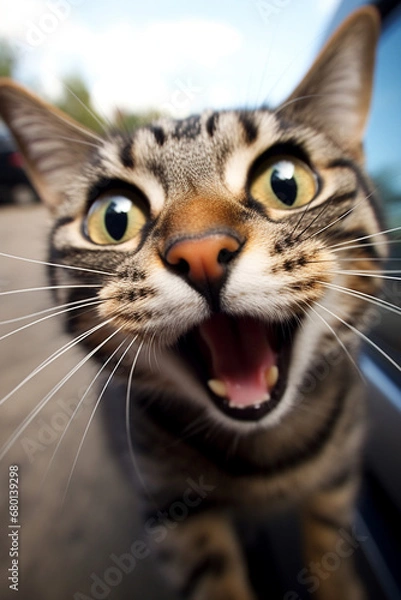 Fototapeta licking cat takes selfie, cute, fun, comic, realistic, low angle created with Generative Ai