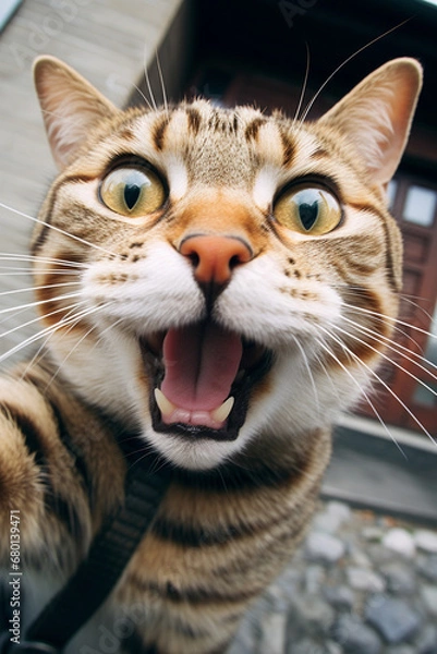 Fototapeta licking cat takes selfie, cute, fun, comic, realistic, low angle created with Generative Ai