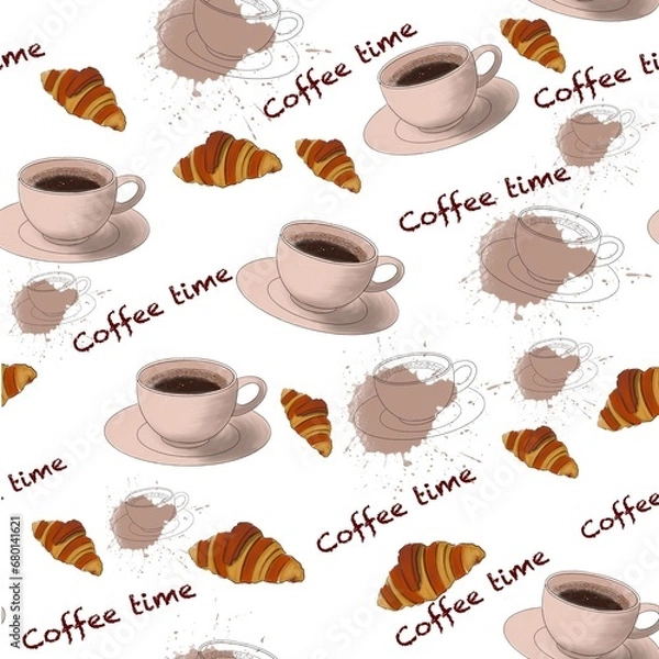 Fototapeta Seamless pattern with coffee and croissants