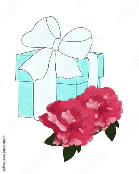 Fototapeta Illustration of a gift box with peonies