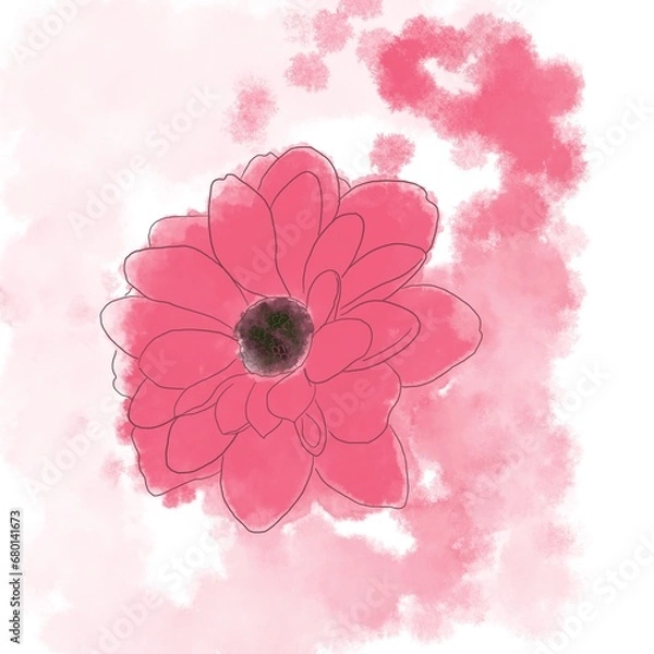 Fototapeta Watercolour illustration of pink flower with watercolour splashes 
