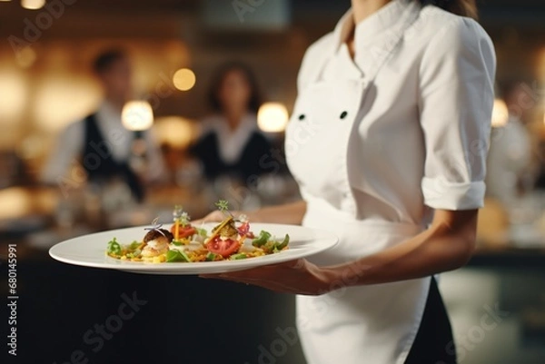 Obraz Closeup of a waitress serving a dish in a restaurant