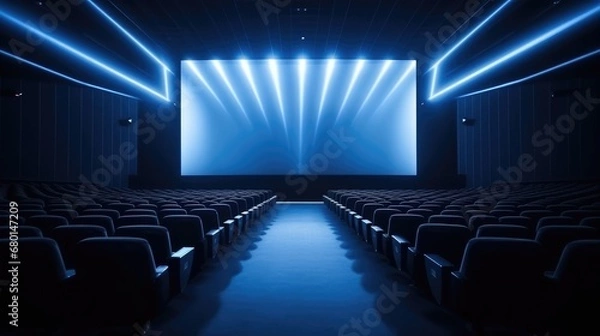 Fototapeta Empty of cinema in blue color with white blank screen. Mockup of hall, no people and auditorium, Generative Ai