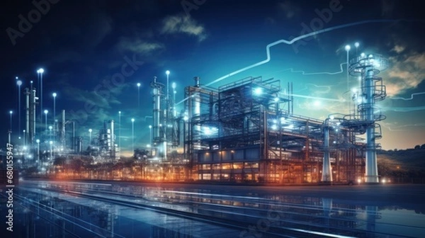 Fototapeta Modern factory, communication network. Telecommunication. IoT, Internet of Things, ICT, Information communication Technology,. Smart factory. Digital transformation, cloud connecting, generate by AI