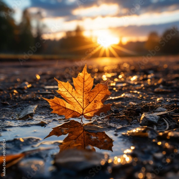 Obraz beautiful autumn evening sunset wallpaper, creative perspective with fallen leaf, epic sunlight, rural romantic created with Generative Ai