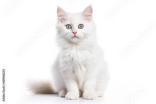 Fototapeta Kitten with blue eyes and white fur color against a white backdrop.