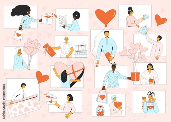 Fototapeta Online Valentine's Day celebration. Vector illustration of virtual event