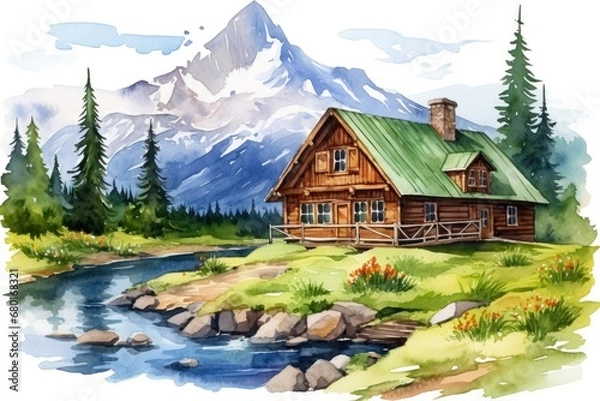 Fototapeta Nature mountains cabin house cottage home green wooden forest summer landscape travel building