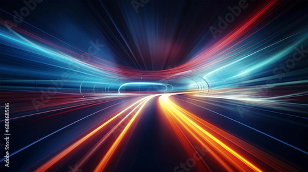 Obraz abstract colorful high-speed light trails background, motion effect, neon fastest glowing light, empty space scene, spotlight, cyber futuristic sci-fi background