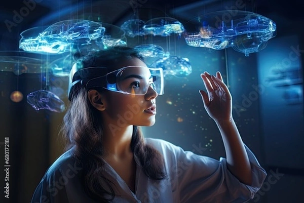 Fototapeta Young Asian woman captivated by a futuristic holographic digital display, showcasing innovation and technology in a modern world