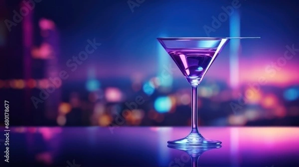 Fototapeta  a martini glass sitting on a table in front of a cityscape at night with a purple and blue hued light reflecting off of the top of the glass.