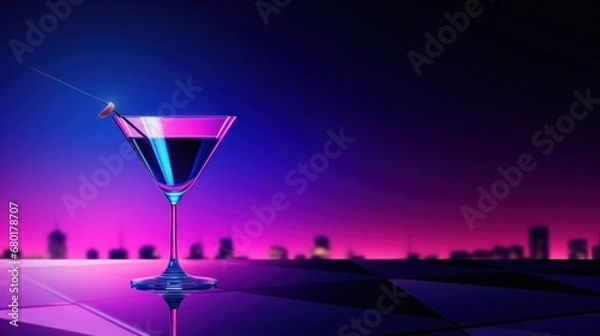 Fototapeta  a martini glass sitting on top of a table in front of a purple and blue background with a cityscape in the backgroup of the picture.