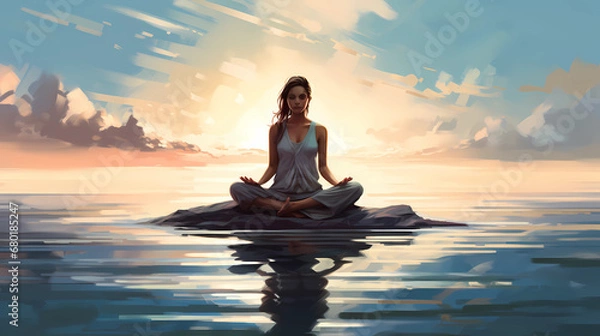 Fototapeta  Illustration of a woman practicing meditation, yoga, relaxation in calm park, with tranquility, peaceful mind, well-being and serenity - Generated by Generative AI