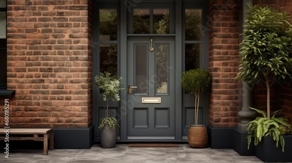 Fototapeta  a front door of a brick building with potted plants on either side of the door and a bench on the other side of the front door of the building.
