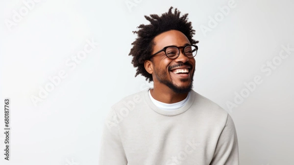 Obraz A beaming Black man with glasses, photographed against a simple white background.