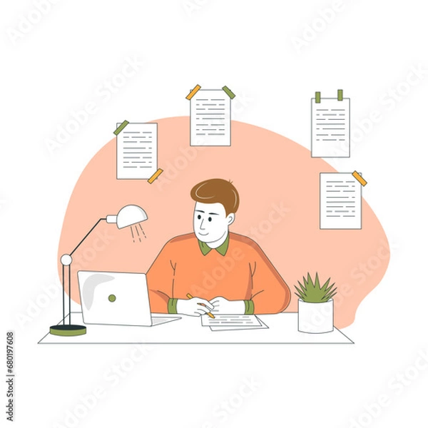 Fototapeta Young man learning at home online. Flat vector illustration.