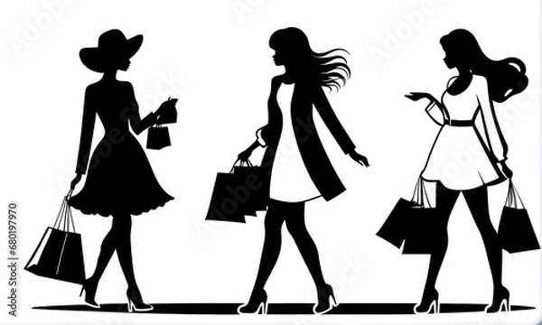 Fototapeta Shoppers in black silhouettes. 2D. illustration. Generative AI