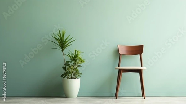 Fototapeta a chair and table in front of light green wall with little plant pot on side