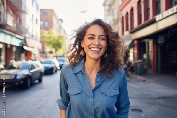 Fototapeta Portrait of a joyful woman in her 30s sporting a versatile denim shirt against a vibrant market street background. AI Generation