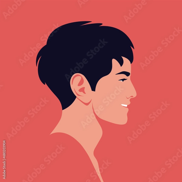 Fototapeta The face of a smiling Asian man in profile. Side view. Vector flat illustration
